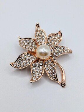 Floral-Themed Brooch - Simulated Pearl - Rhinestones - Rose Gold - NWOT